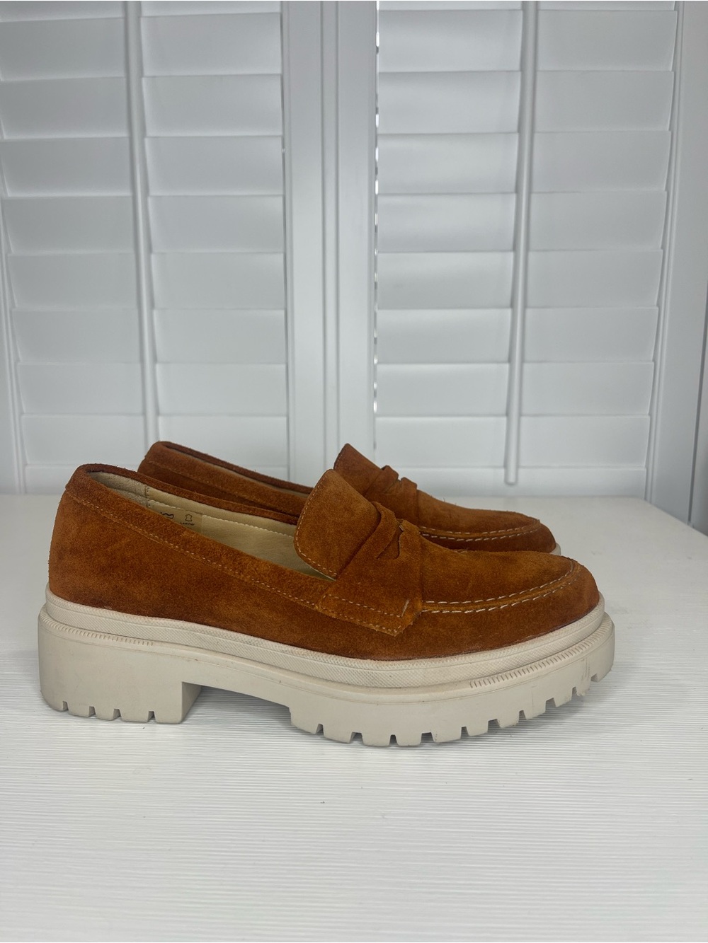 Portland Leather Goods Patina Chunky Suede Penny Loafers in Cognac Brown